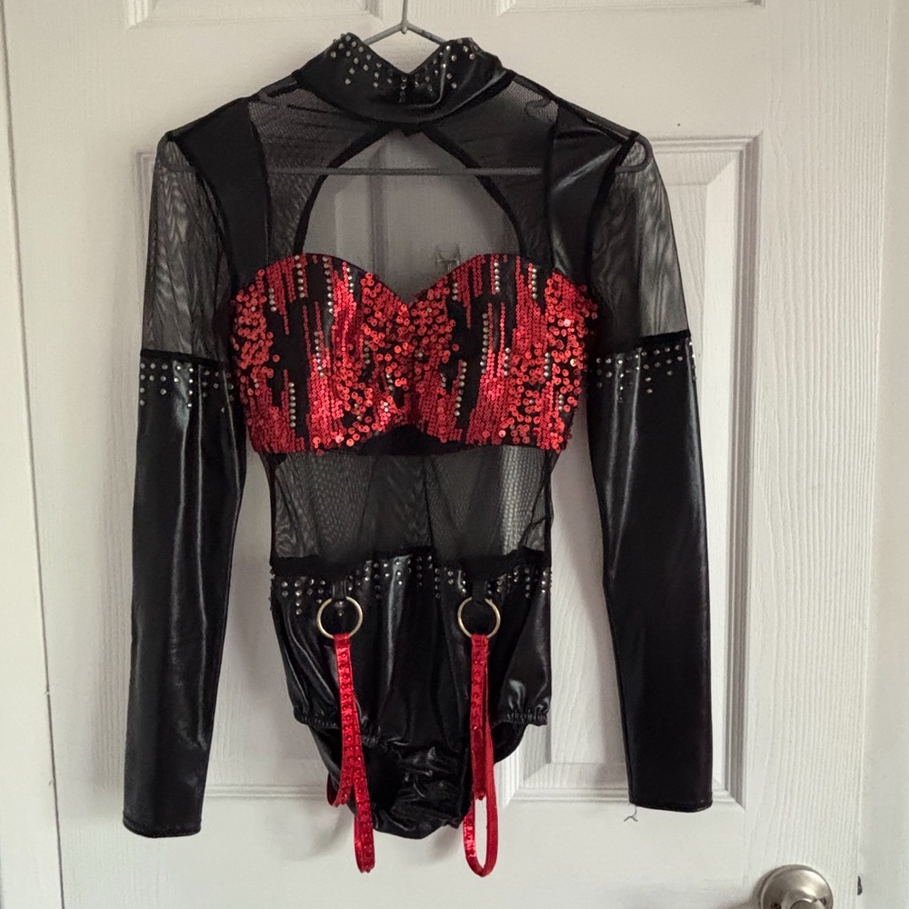 Black and Red Sequin Bodysuit with Sheer Details